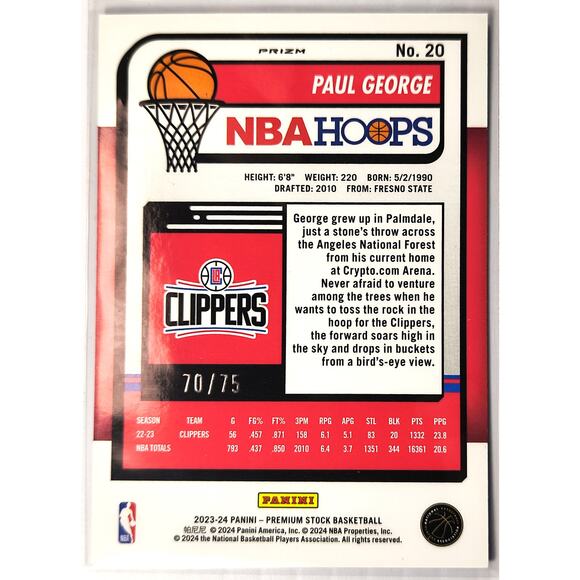 2023-24 NBA Hoops Premium Stock PAUL GEORGE #20 Blue Pulsar Prizm 70/75 - Picture 2 of 2